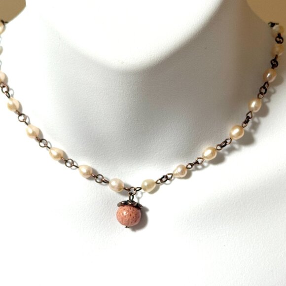 Pale Pink Freshwater Pearl Short Necklace with Cute Coral Pendant, Copper Links - Picture 2 of 16